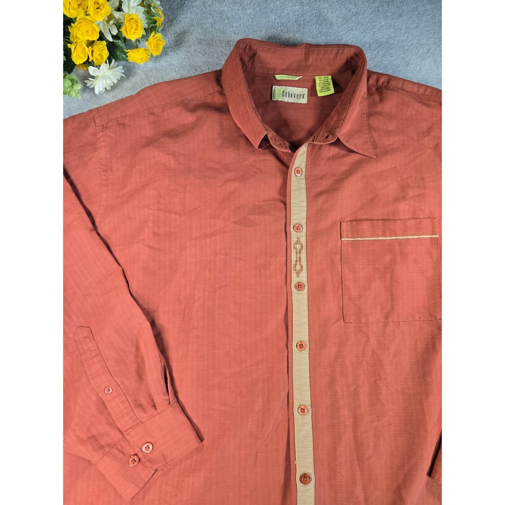Cubavera Mens 3X Long Sleeve‎ Button Down Shirt Rust Orange Rayon Blend Textured